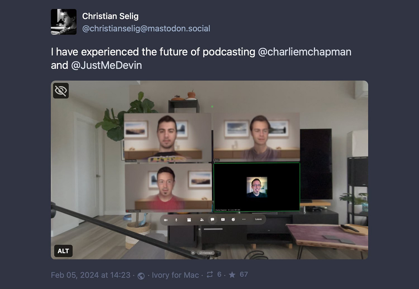 A screenshot of a Mastodon post showing Persona video conferencing on Apple Vision Pro. A screenshot of a Mastodon post showing Persona video conferencing on Apple Vision Pro.