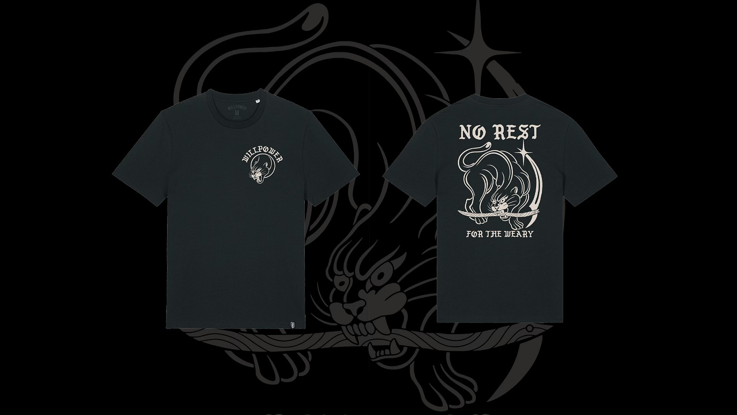 Two t-shirt mockups showing the latest Willpower Design "No Rest For The Weary"