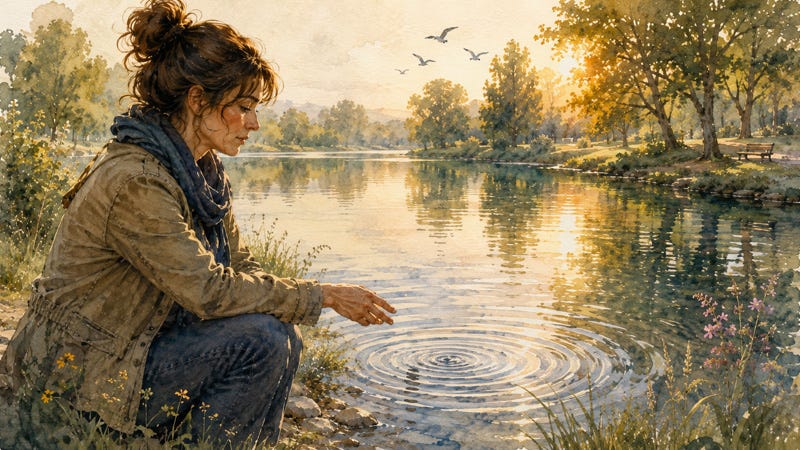 A woman dropping a pebble into a peaceful lake, watching gentle ripples spread across the water, symbolizing mindful awareness of where emotional energy goes and the importance of preventing exhaustion. A woman dropping a pebble into a peaceful lake, watching gentle ripples spread across the water, symbolizing mindful awareness of where emotional energy goes and the importance of preventing exhaustion.