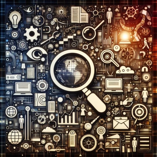 A stylized image of a magnifying glass looking for keywords