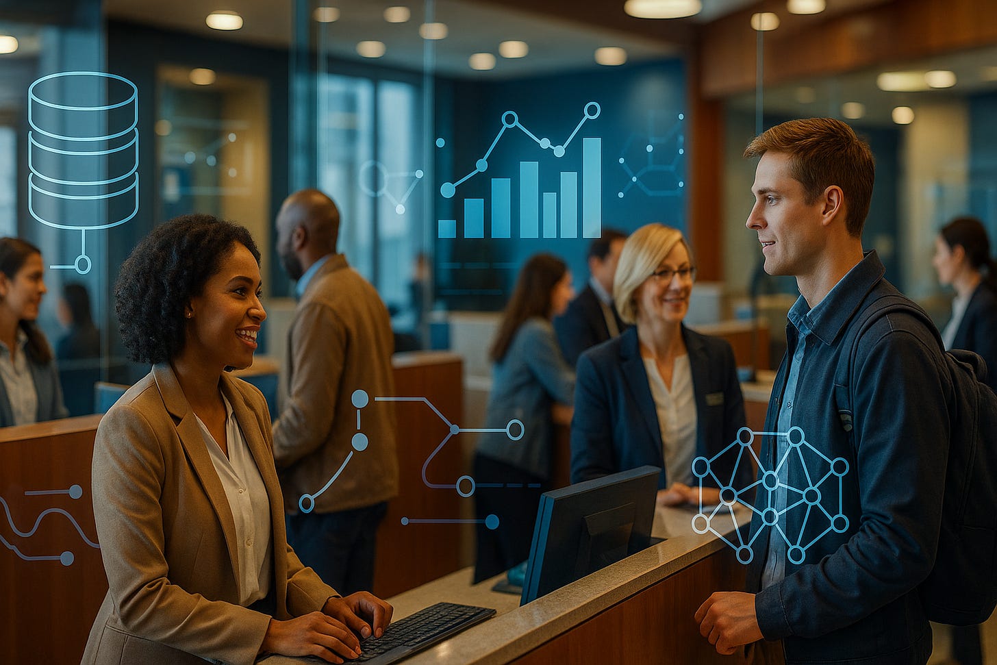 Bank employees analyzing IoT data with digital network and analytics overlays displayed. Bank employees analyzing IoT data with digital network and analytics overlays displayed.