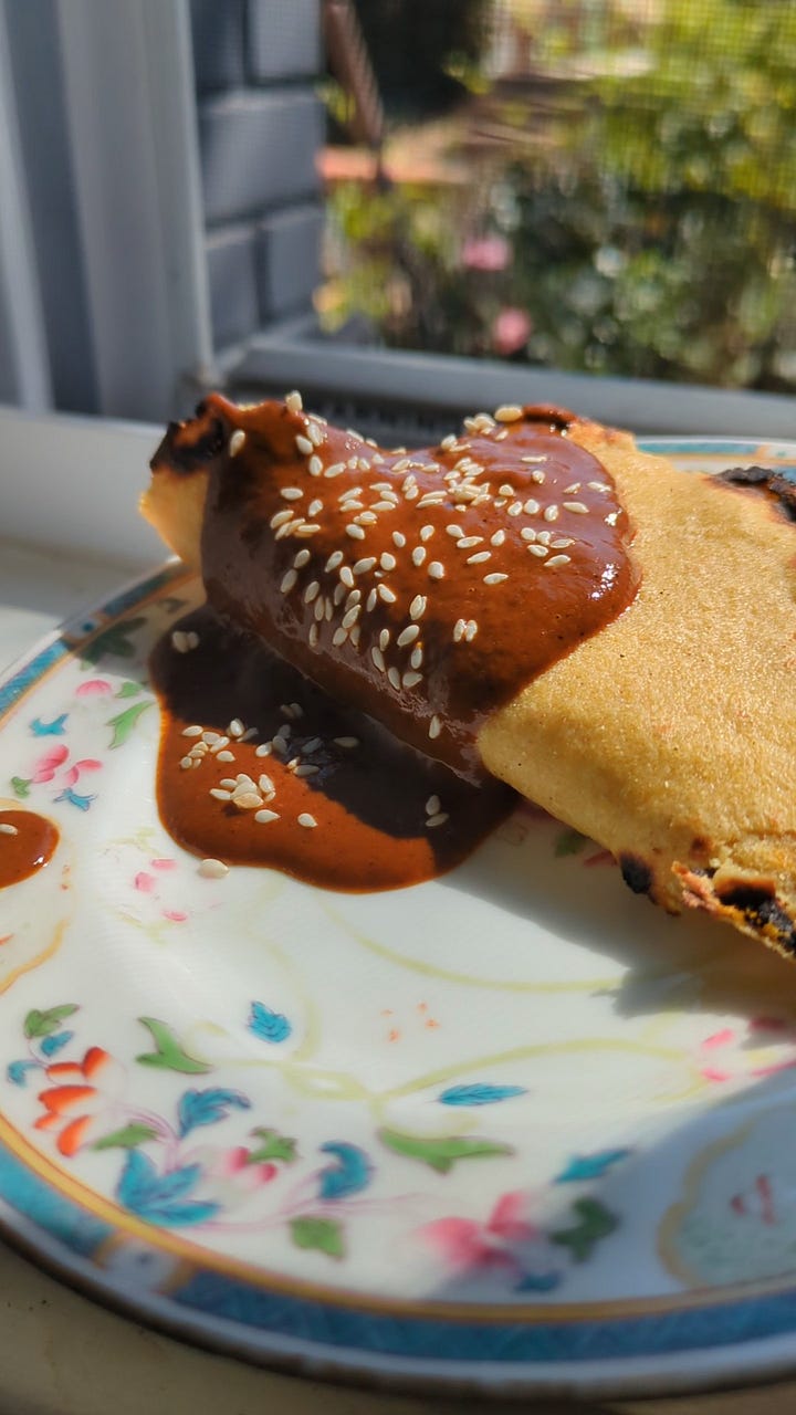 Mole sauce on a tortilla. The 10 ingredients to make the first mole sauce I tried.