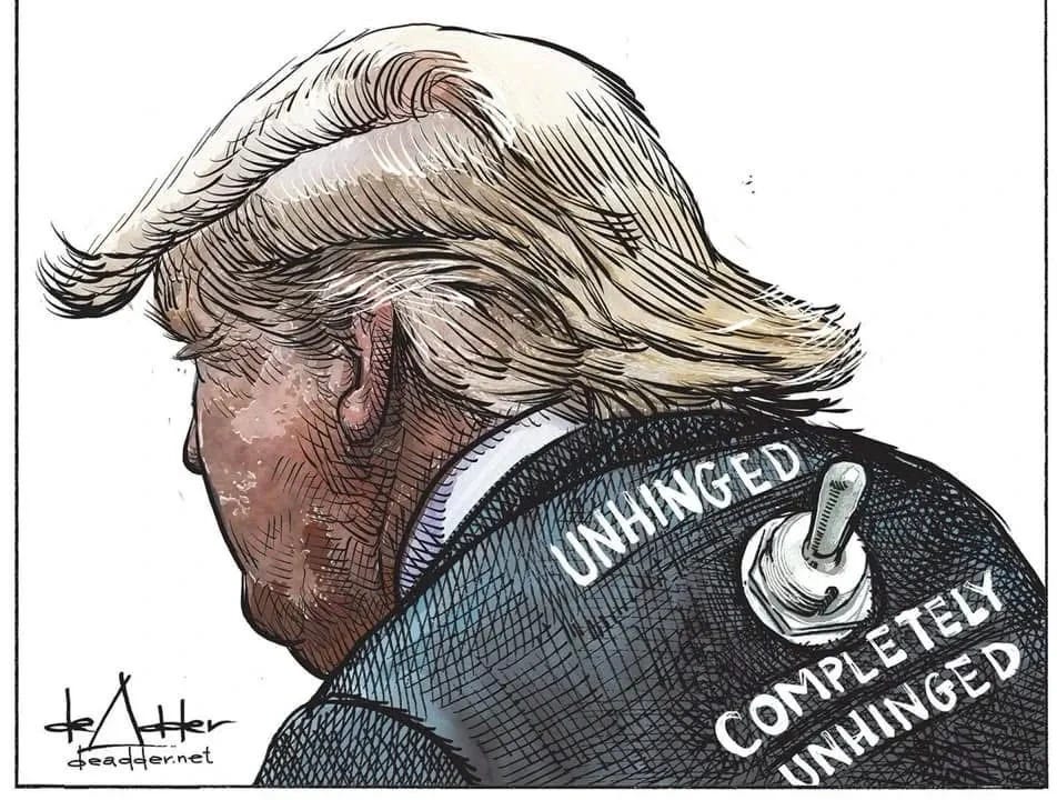 Cartoon by artist Michael de Adder depicting Donald Trump, seen from behind, with a switch on his back marked “Unhinged” and “Completely Unhiged.” 

The switch is set to “Unhinged,” but that status has likely changed with Trump’s absolutely bizarre “election security” speech tonight (7/16/26).
