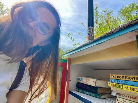 Photos of my wonderful college friends stocking their local little free libraries with Confidence and The Comedown