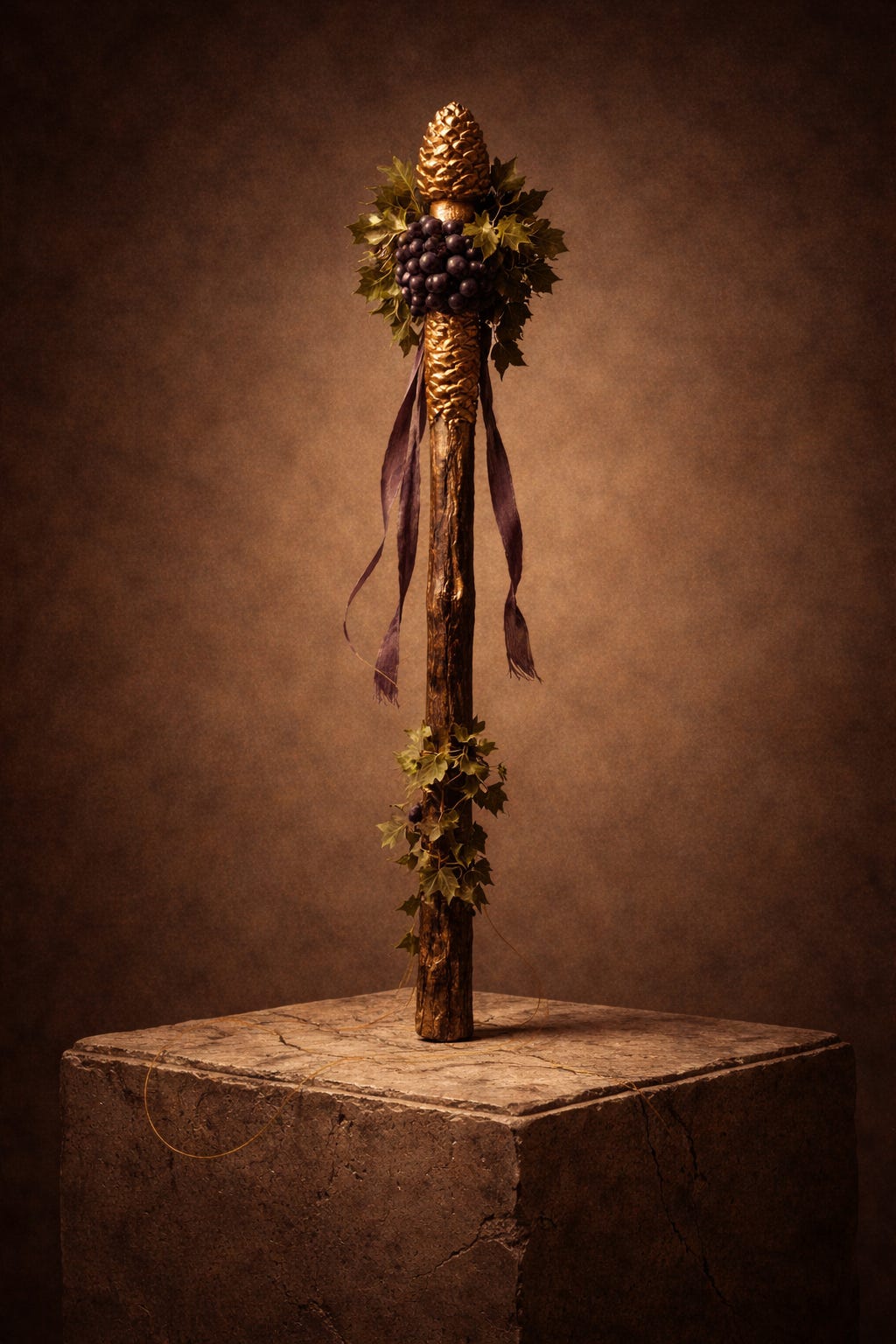 A thyrsus decorated with ivy and grapes sits atop a stone pedestal with a thin golden thread nearby. A thyrsus decorated with ivy and grapes sits atop a stone pedestal with a thin golden thread nearby.
