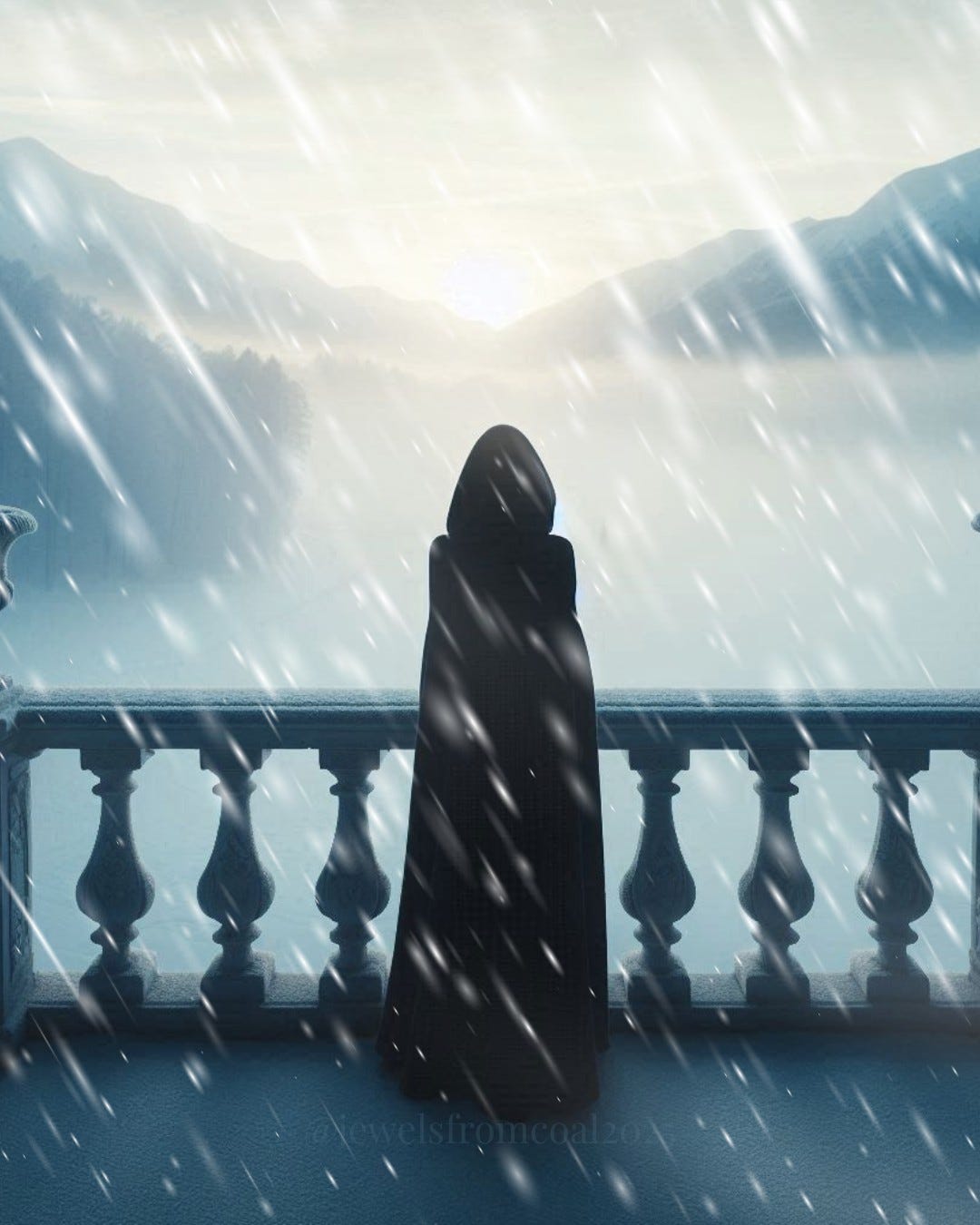 A solitary figure wearing a black cloak stands on a frost-covered stone balcony, facing a misty valley and snow-covered mountains. Snow streaks across the scene in diagonal lines, blurring the landscape and giving the impression of a harsh, isolating storm.