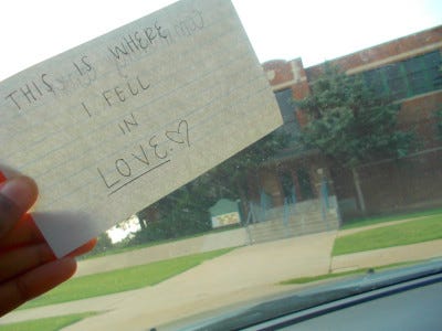 a gallery of photos which contain 17-year-old Ari's hand holding flashcards in front of various locations. each flashcard reads "this is where I..." and is completed with the memory associated with the location