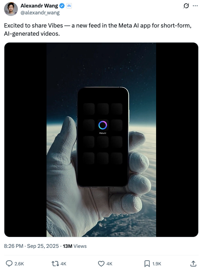 Alexandr Wang Meta’s Chief AI Officer shares "Vibes" AI-generated video feed / The Signal Newsletter