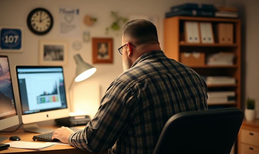 Man works at a desk late-diagnosed autistic masking productivity unmasking neurodivergent coaching Mark H. Durgee Acceptance and Commitment Coaching Man works at a desk late-diagnosed autistic masking productivity unmasking neurodivergent coaching Mark H. Durgee Acceptance and Commitment Coaching