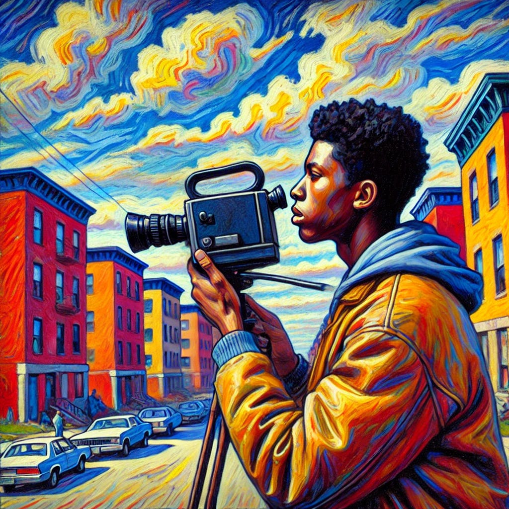 A Fauvist-style painting set in 1983, depicting a young Black male college student, around 21 years old, filming a scene at the Elm Haven Public Housing Projects in New Haven. The perspective is even more from behind him, showing only the back of his head and just over his left ear as he focuses intently on capturing the red-brick low-rise and high-rise buildings with his vintage 1980s video camera. He is wearing the same jacket as before. The scene is painted with intense, exaggerated Fauvist colors—bold reds, blues, yellows, and purples—creating a dreamlike yet energetic atmosphere. The background consists of strikingly vibrant tones for the buildings and a sky bursting with bright blues, oranges, and purples, reflecting a partly cloudy day with the sun peeking through. The streets are nearly empty, enhancing the solitary mood. Expressive brushstrokes emphasize movement and emotion, making the scene feel alive.
