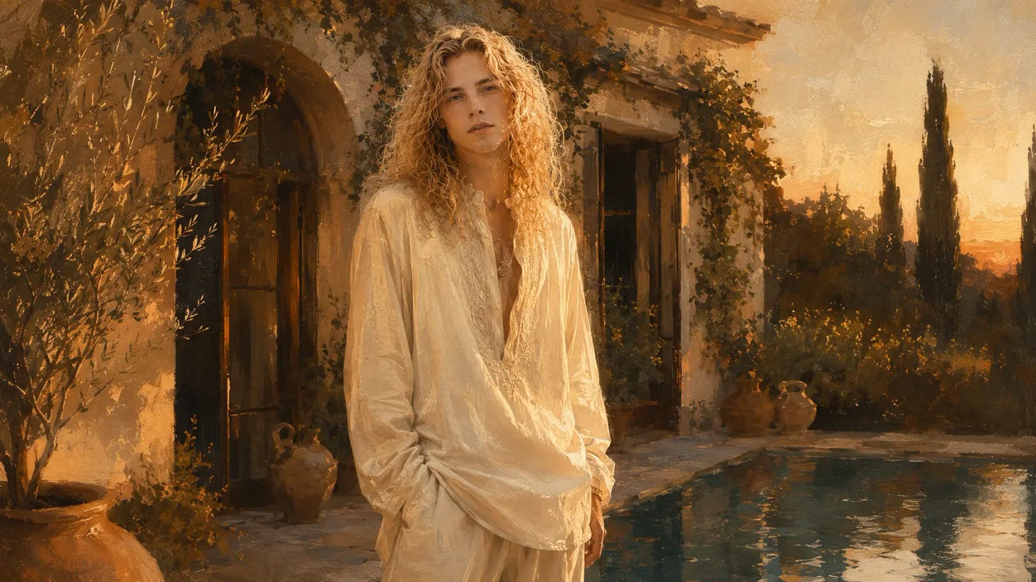 Botticelli angel dragged through 1980s editorial fashion. Andrea stands beside a pool at sunset in a loose ivory tunic, framed by an ivy-covered villa, olive branches, and cypress trees. Botticelli angel dragged through 1980s editorial fashion. Andrea stands beside a pool at sunset in a loose ivory tunic, framed by an ivy-covered villa, olive branches, and cypress trees.