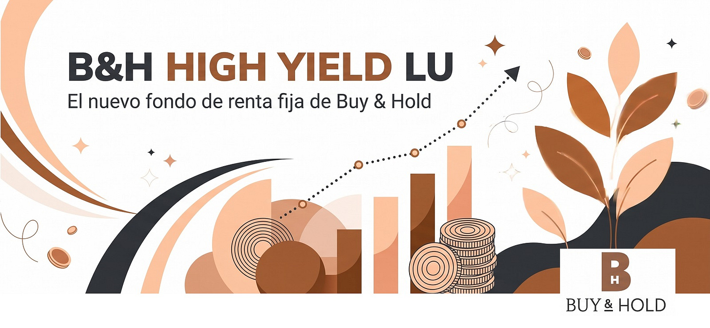 B&H High Yield LU: El nuevo fondo de renta fija de Buy & Hold', acompañada de gráficos financieros abstractos, flechas ascendentes y hojas en tonos marrones y beige que simbolizan crecimiento y rentabilidad.
