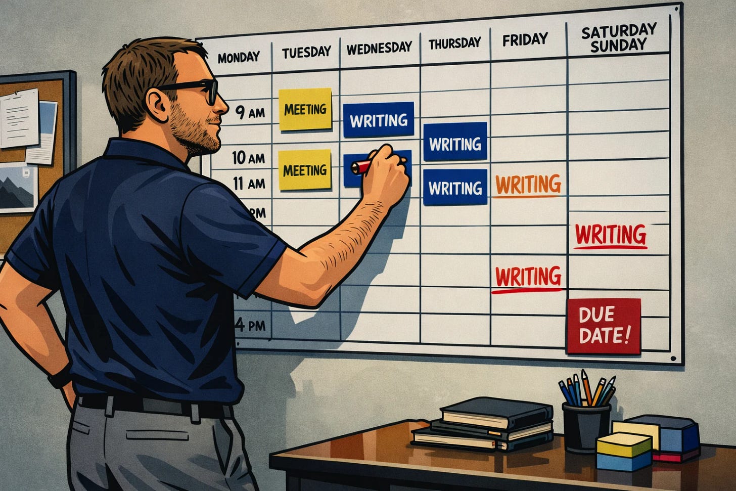 Man marks writing blocks on a weekly wall calendar, scheduling focused work around meetings