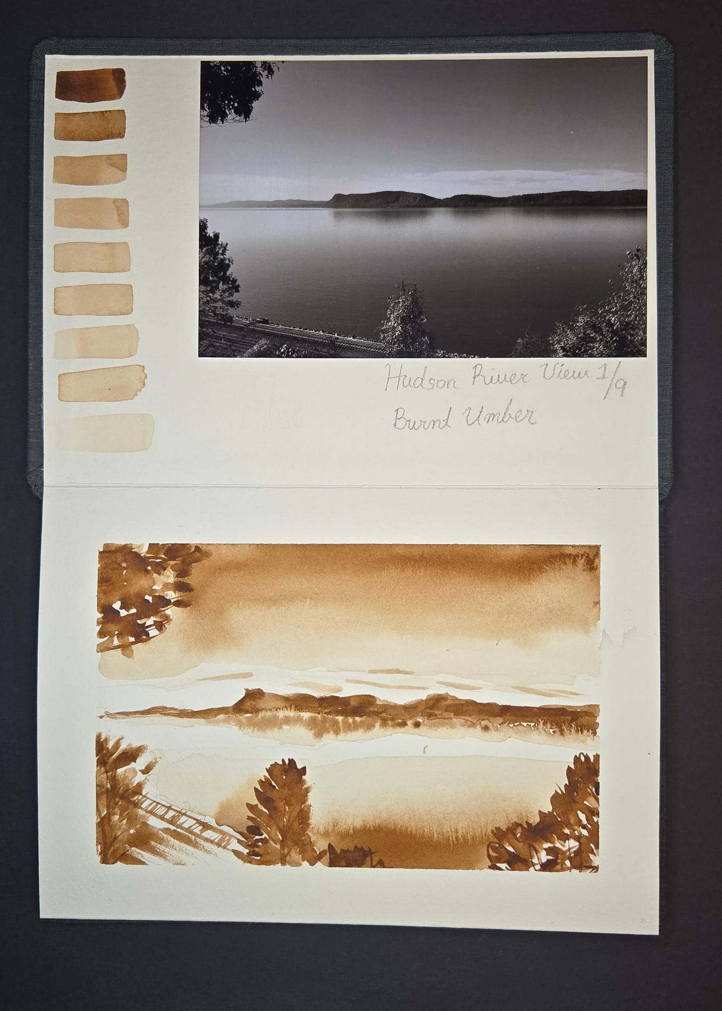 Hudson River study in burnt umber watercolor, showing a sepia-toned riverscape with distant hills and soft tree silhouettes.