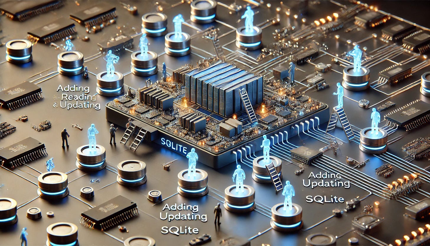 Futuristic motherboard-style SQLite library system with miniature humans performing CRUD operations. 