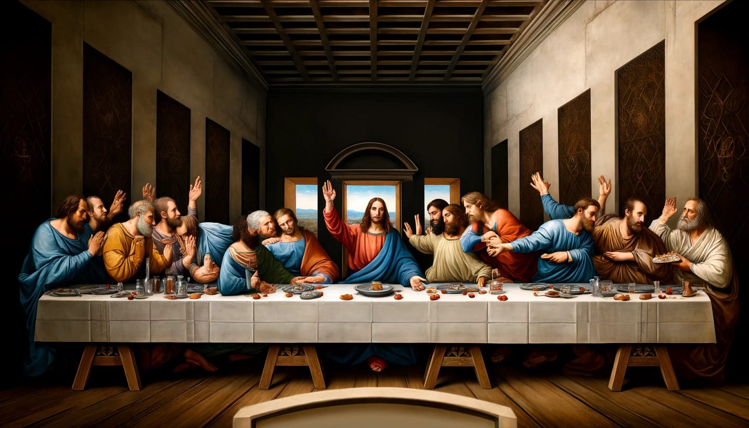 A reinterpretation of Leonardo da Vinci's 'The Last Supper,' A reinterpretation of Leonardo da Vinci's 'The Last Supper,'
