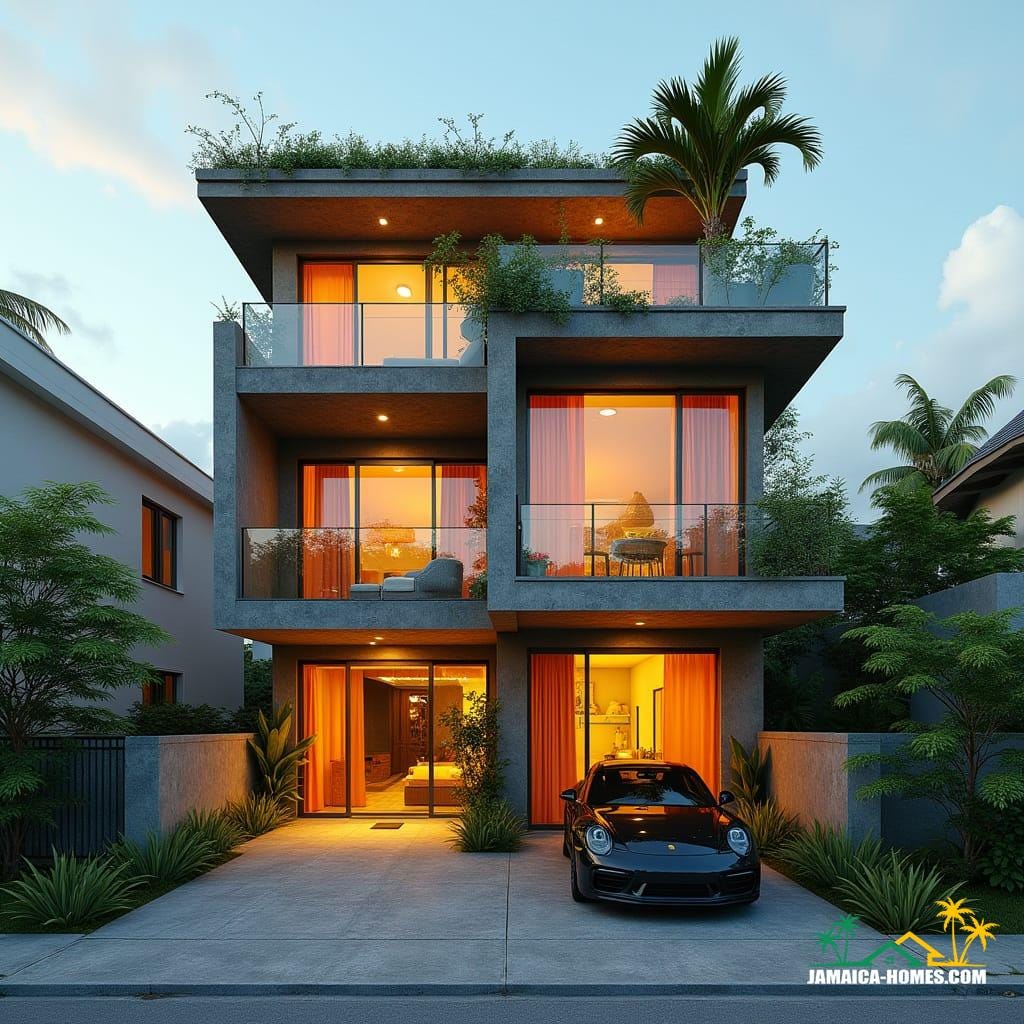 A creative Jamaican townhouse in Kingston made from stacked shipping containers and concrete blocks, bold geometric forms, large square windows, and flat roof with rooftop spa. Industrial chic detailing, rooftop garden.