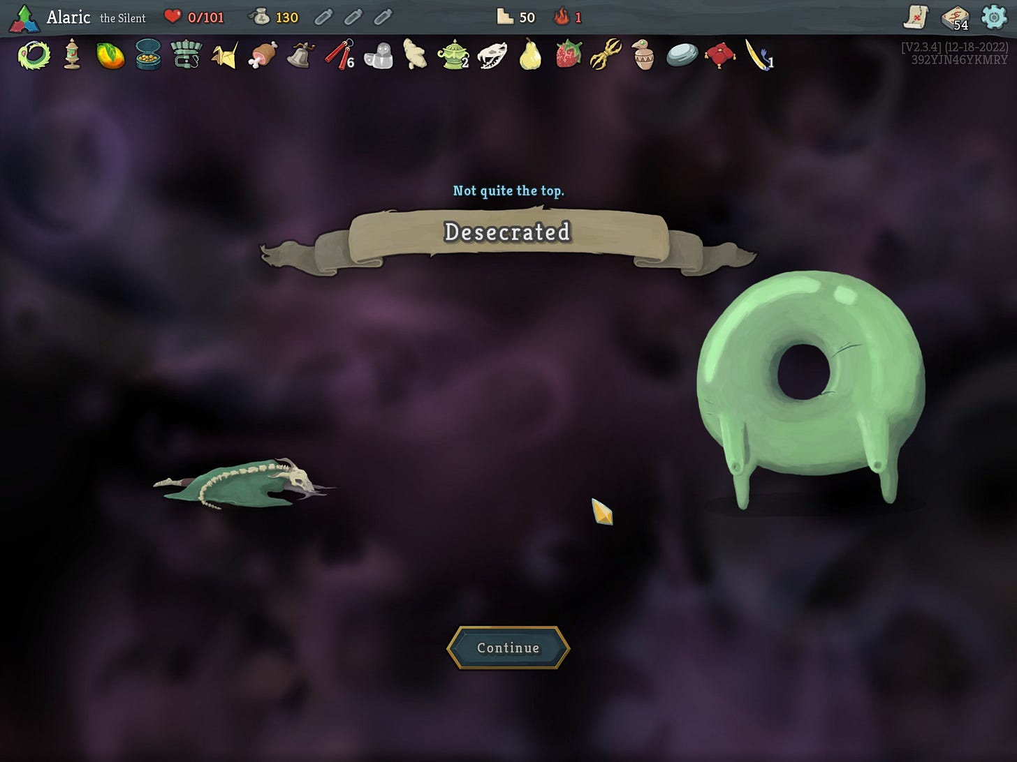 A screenshot of Slay the Spire, showing the character "the Silent"defeated by what looks like a giant Lifesaver with legs.