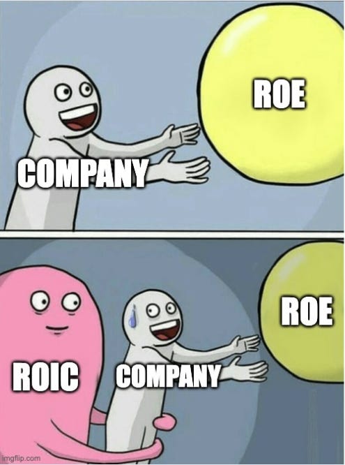 Meme comparing ROE vs ROIC in investing: company chasing ROE while ROIC pulls company back, showing ROIC as the real measure of value creation.