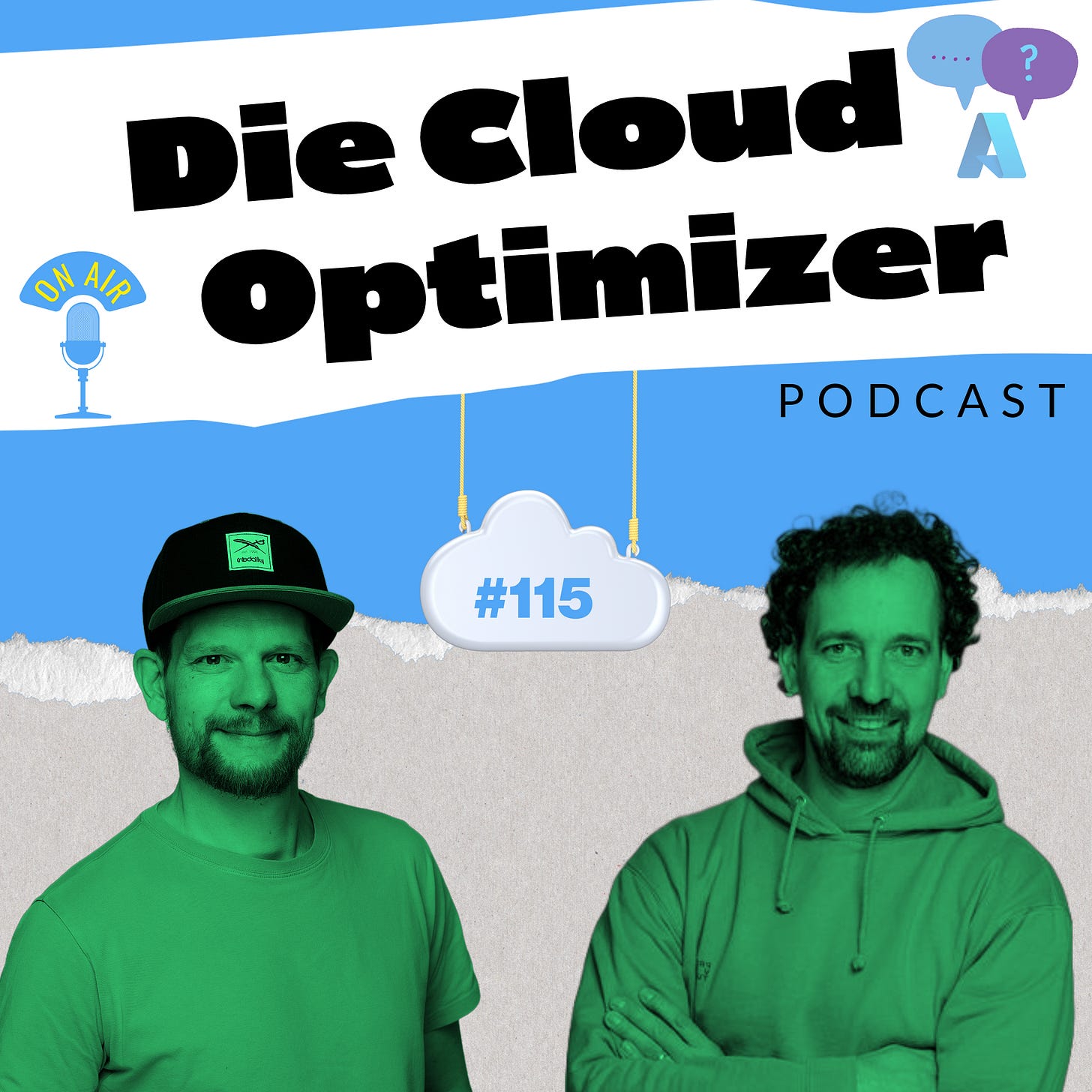 Zwei Männer stehen vor einem farbenfrohen Hintergrund: links Matthias mit Cappy, rechts Chris im Hoodie. In der Mitte hängt eine Wolke mit der Episodennummer #115. Darüber steht in großer Schrift „Die Cloud Optimizer Podcast“.