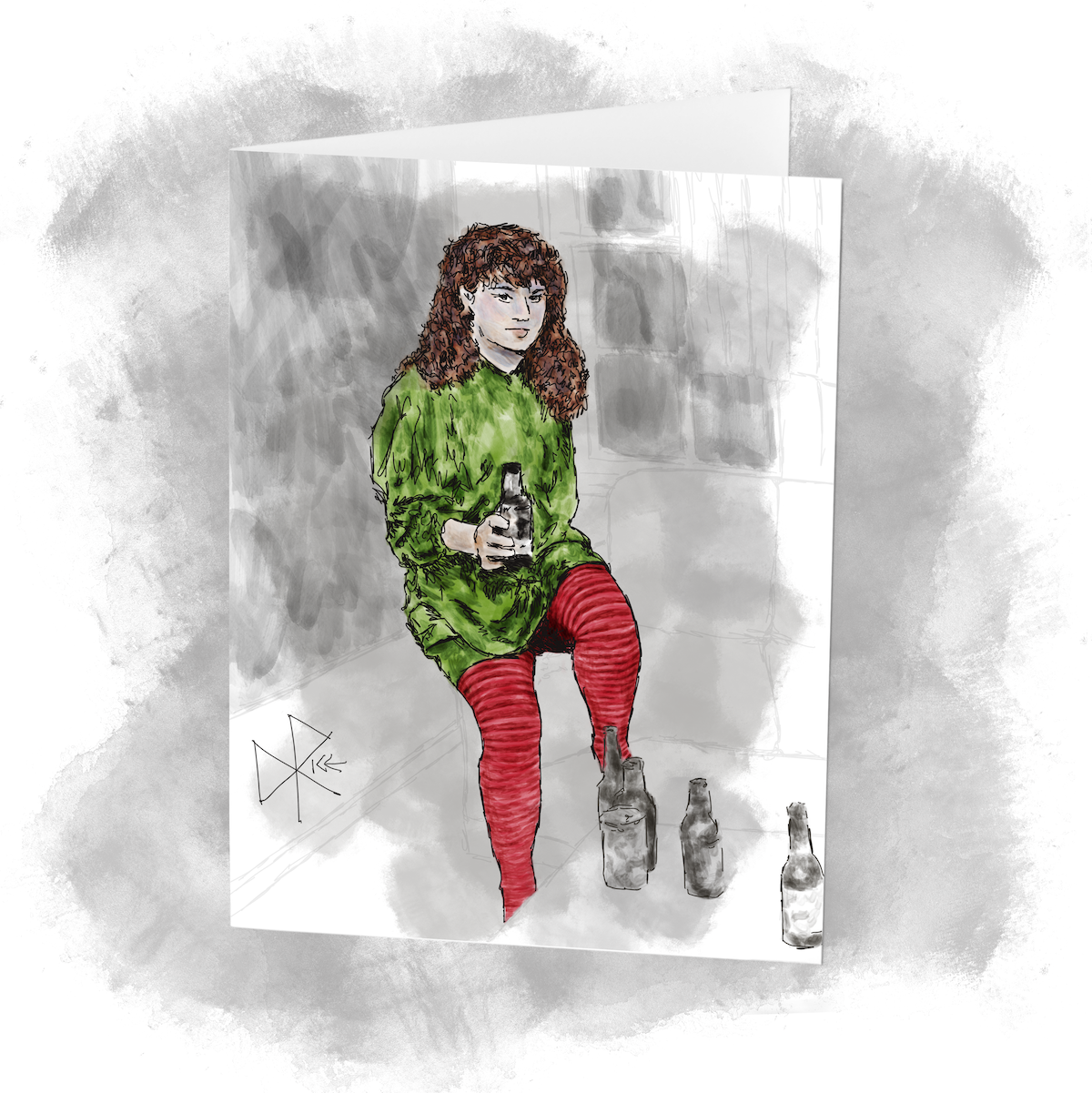 Young woman with light brown curly hair, wearing red striped tights and green shirt-skirt. She sits alone on the sofa arm, holding a beer. Sketch art by Don Rice.