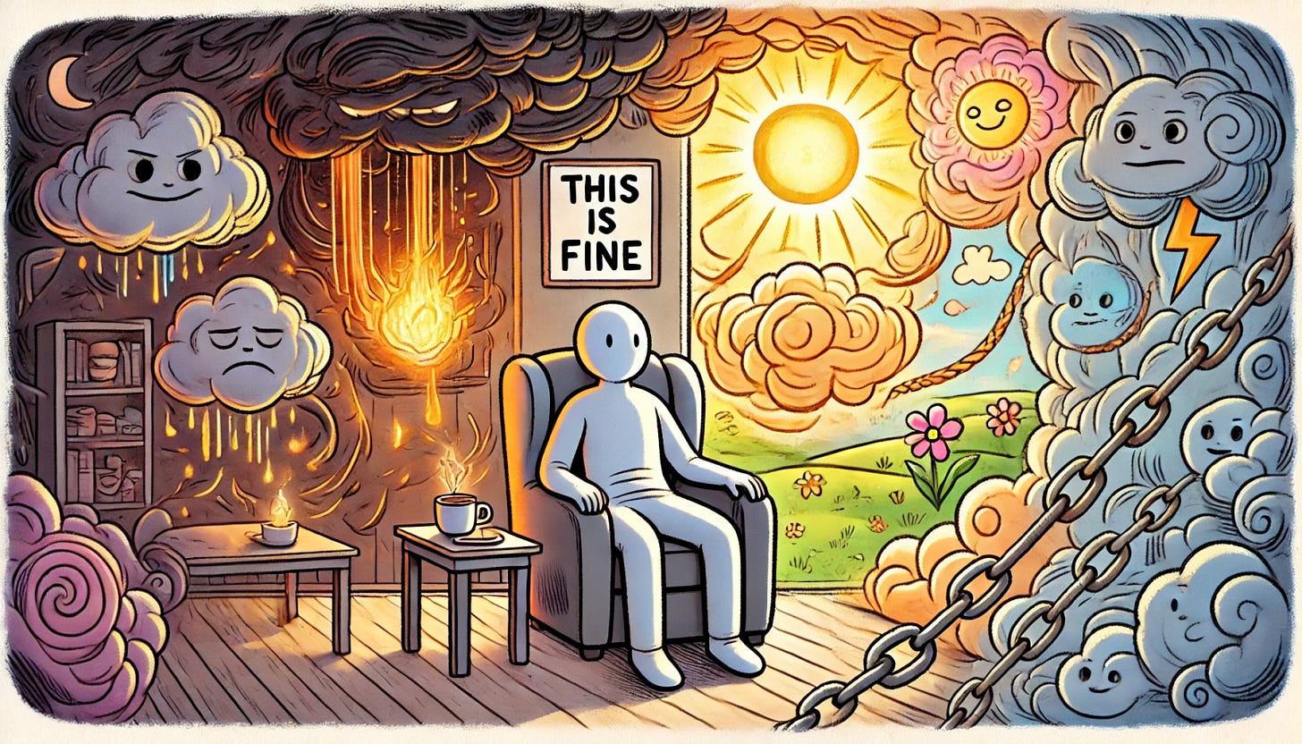 A cartoon-style landscape illustration similar in style to the 'This is fine' meme, featuring a person sitting calmly in a chair while their thoughts swirl around them. Half of the thoughts are warm, nurturing, and represented by soft glowing colors, gentle flowers, or light rays. The other half are constrictive and heavy, symbolized by storm clouds, tangled chains, or dark shadows. The person appears contemplative, showing a mix of acknowledgment and acceptance of both the positive and negative thoughts. The background is a cozy room with a cup of tea on a table, adding a touch of calm amid the mental chaos. Bright and subtle comic tones, but without any text or speech bubbles.