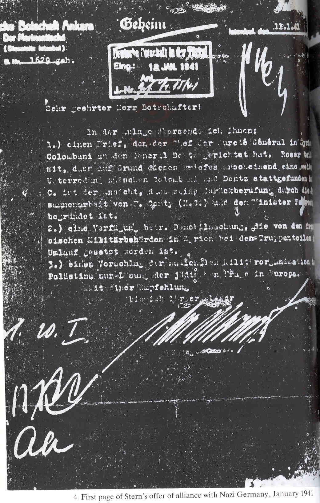 January 1941 proposal from Lehi (the Stern Gang) offering political, military, and intelligence cooperation with Nazi Germany against Britain. The proposal sought collaboration with the Third Reich in pursuit of Zionist objectives in Palestine.