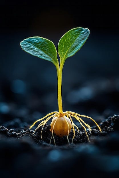 A closeup of a seed breaking open in the soil with roots extending downward  and a tiny sprout reaching upward towards the light | Premium AI-generated  image