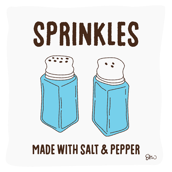 Spot illustration showing ketchup flavoured dippping sauce, a fresh coffee aroma diffuser, sprinkles made with salt & pepper, and a hand mixer.