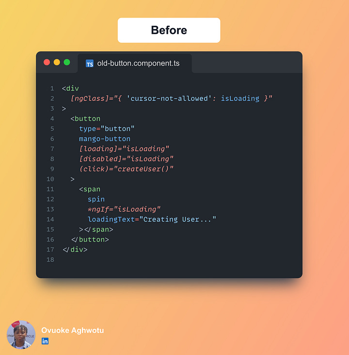 Code snippets showing the old Mango UI button