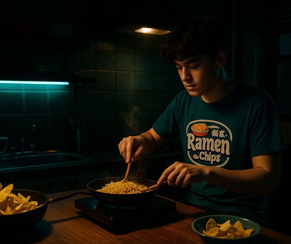 A young man in a teal “Ramen Chips” shirt stirs noodles in a frying pan on a hotplate in a dark kitchen, with bowls of chips nearby and blue-green lighting casting a moody glow.