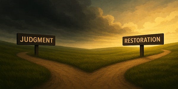 An illustration of a path that splits off in two directions. One direction shows a sign with "Judgement" written on it with a stormy sky, and the other path shows the sign "Restoration" with a calming sunrise.