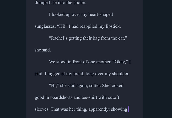 Left: Scrivener interface, composition button; Right: Composition mode in Scrivener, white text on black.