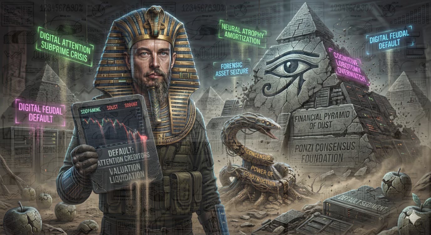 A cinematic, metaphorical portrait of a 'Digital Pharaoh'—a monumental figure representing the grandiosity of modern tech empires. He stands amidst collapsing data-pyramids and crumbling server racks, holding a tablet showing a sharp market decline labeled 'Valuation Liquidation.' The image symbolizes the fragility of immense digital wealth built upon the shifting sands of speculative engagement. A cinematic, metaphorical portrait of a 'Digital Pharaoh'—a monumental figure representing the grandiosity of modern tech empires. He stands amidst collapsing data-pyramids and crumbling server racks, holding a tablet showing a sharp market decline labeled 'Valuation Liquidation.' The image symbolizes the fragility of immense digital wealth built upon the shifting sands of speculative engagement.