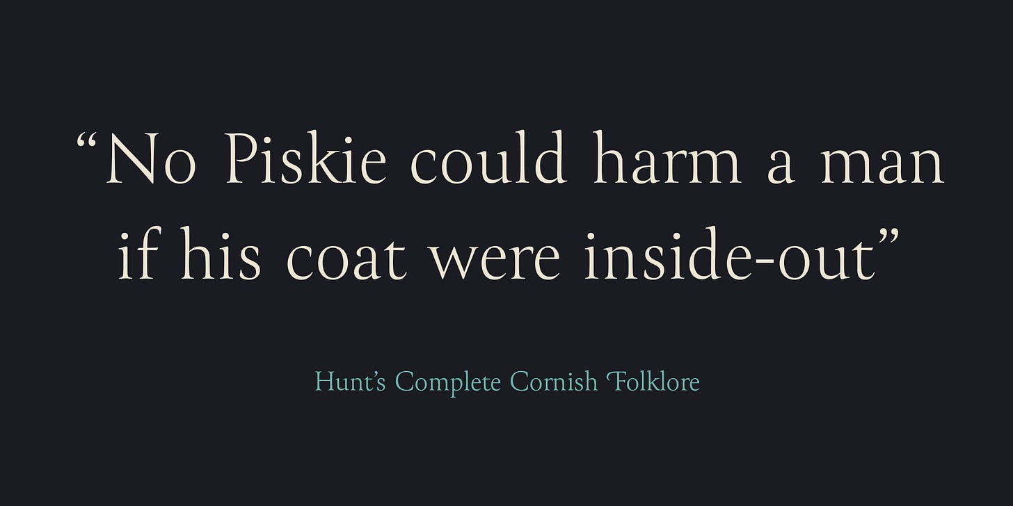 Callout box with a quote from the text: No Piskie could harm a man if his coat were inside out.