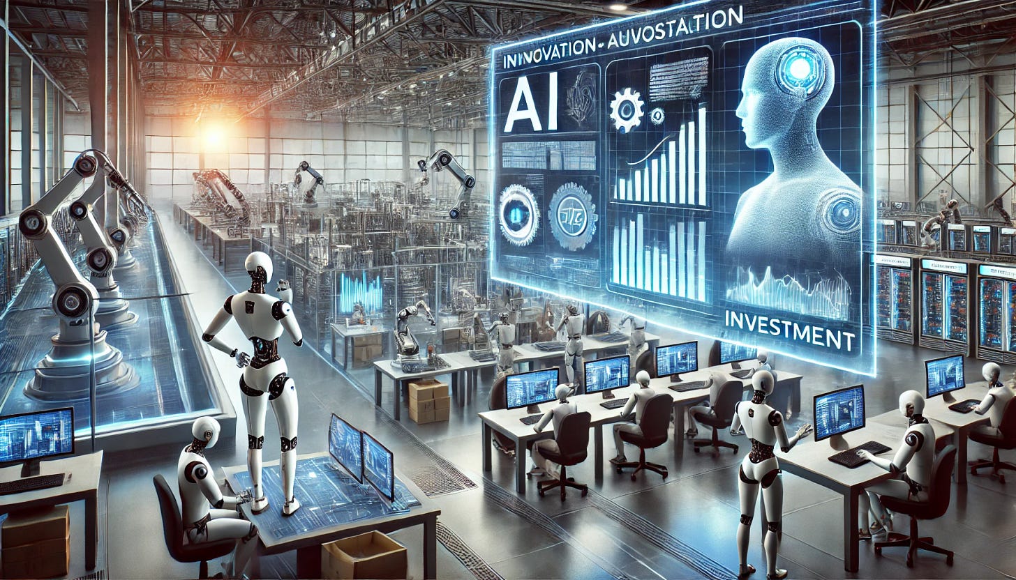 A futuristic concept of AI and automation revolutionizing industries, featuring humanoid robots working alongside humans in a high-tech environment. The scene showcases an advanced factory floor with robotic arms assembling products, AI-powered screens analyzing data, and a digital interface highlighting investment growth charts. The overall theme is innovation, investment, and the future of deeptech. The atmosphere is modern and sleek, with a bright and optimistic tone.