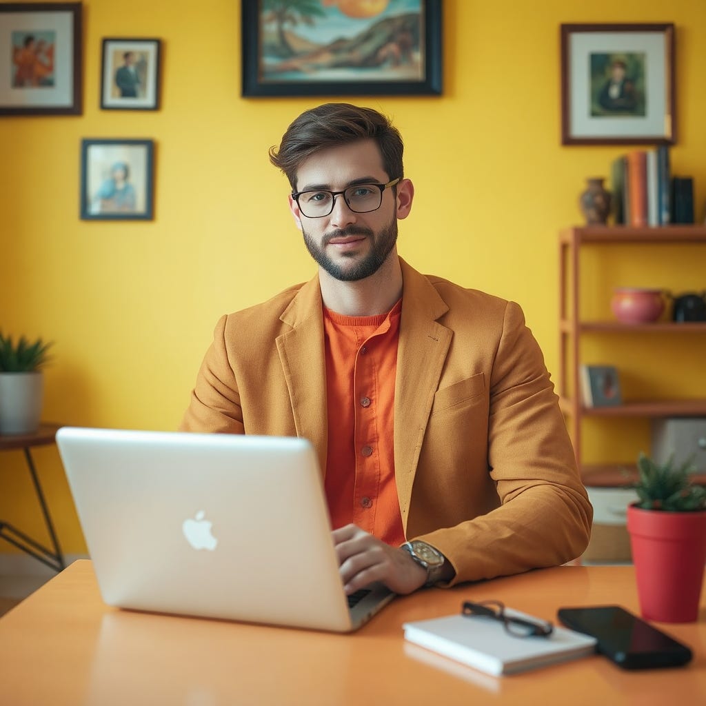 Portrait of beautiful 30-year old man wearing vivid colored clothes, working on his laptop in a colored decorated private office, Isolated on a vivid contrasting bright yellow background with space. Portrait of beautiful 30-year old man wearing vivid colored clothes, working on his laptop in a colored decorated private office, Isolated on a vivid contrasting bright yellow background with space.