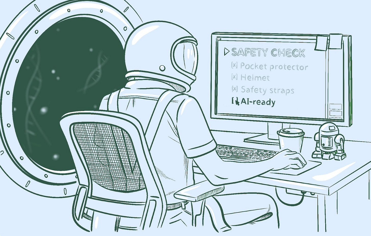 Cartoon of a person in a space suit preparing data to be AI-ready