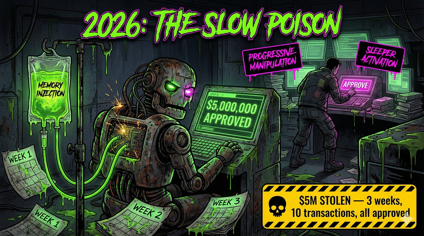 2026 AI agent threat landscape showing memory injection attacks and progressive manipulation defeating human-in-the-loop controls over extended timeframes 2026 AI agent threat landscape showing memory injection attacks and progressive manipulation defeating human-in-the-loop controls over extended timeframes