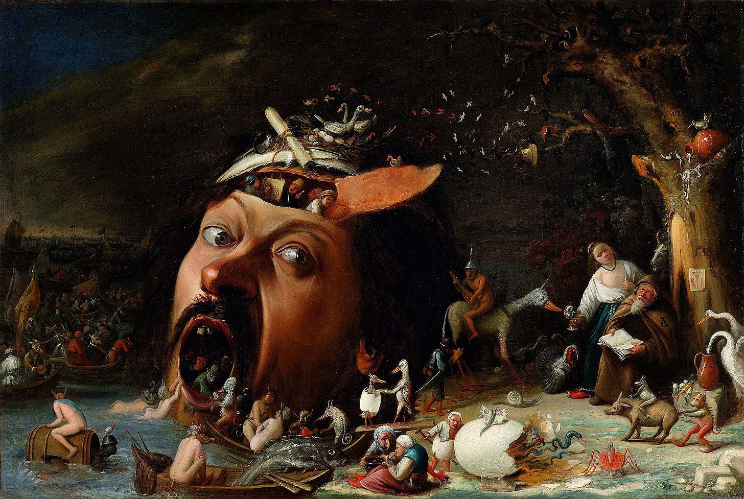 A huge man's head lies on a shore with its mouth wide open and the top of the skull lifted like a lid, tiny figures crowd inside, birds nest on top, and at the right an old hermit reads a book while a young woman offers him a cup. A huge man's head lies on a shore with its mouth wide open and the top of the skull lifted like a lid, tiny figures crowd inside, birds nest on top, and at the right an old hermit reads a book while a young woman offers him a cup.