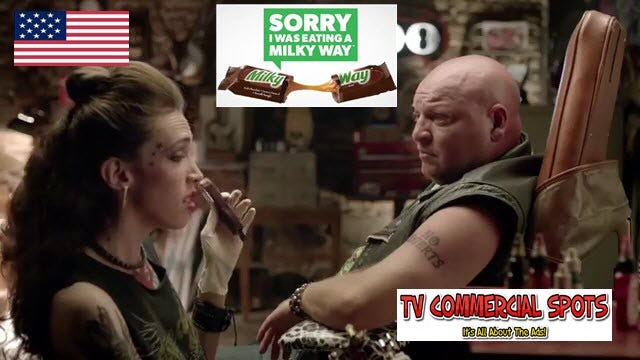 TV Commercial Spots on X: "Milky Way TV Commercial - The Tattoo Parlour -  Biker Guy Gets "No Regerts" Instead Of "No Regrets" Tattooed On His Arm -  Sorry I Was Eating
