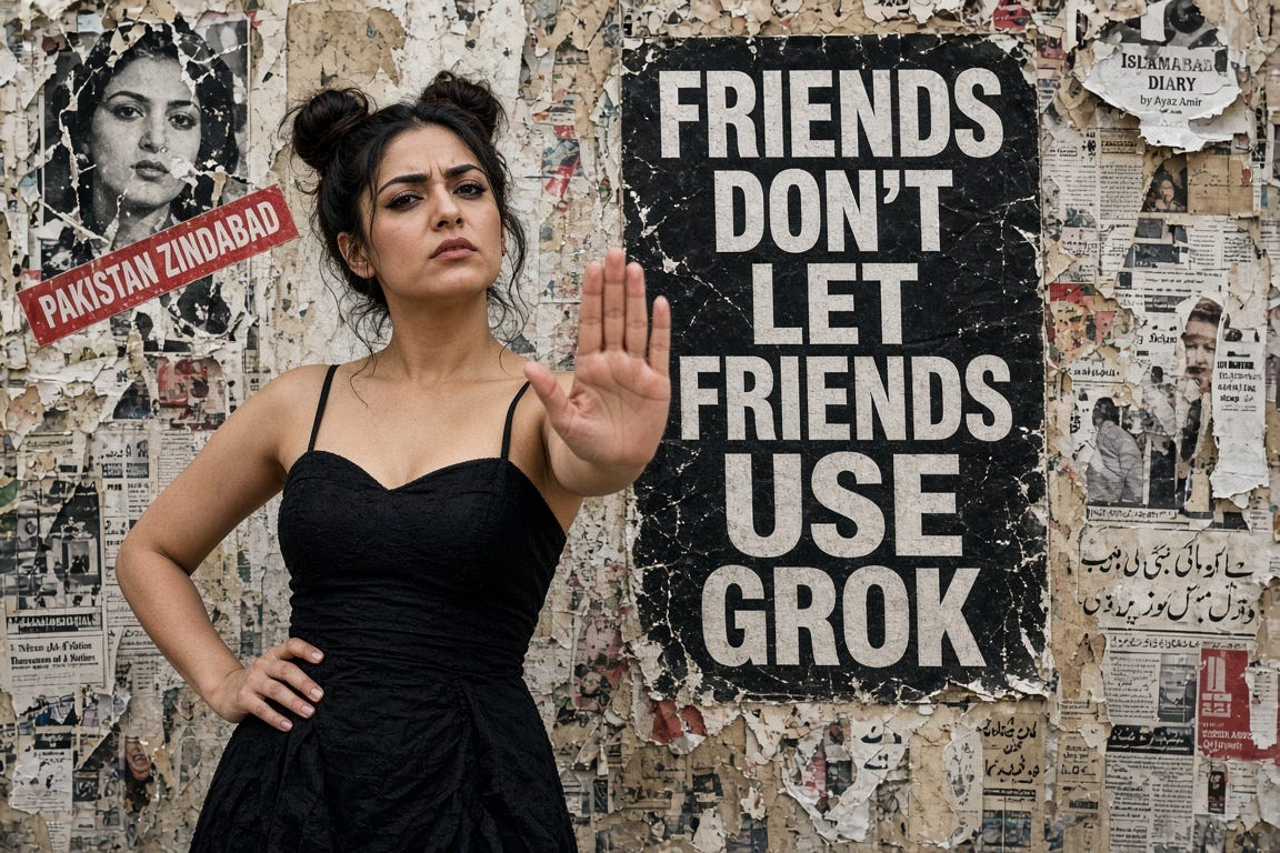 A Pakistani woman, her hair tied in buns, wearing a black strappy dress, with one hand on her hip and the other held out in front of her in a stop/halt gesture ✋. She is standing in front of a wall covered with torn posters and newspaper clippings; some words stand out highly visibly: "FRIENDS DON’T LET FRIENDS USE GROK". A Pakistani woman, her hair tied in buns, wearing a black strappy dress, with one hand on her hip and the other held out in front of her in a stop/halt gesture ✋. She is standing in front of a wall covered with torn posters and newspaper clippings; some words stand out highly visibly: "FRIENDS DON’T LET FRIENDS USE GROK".
