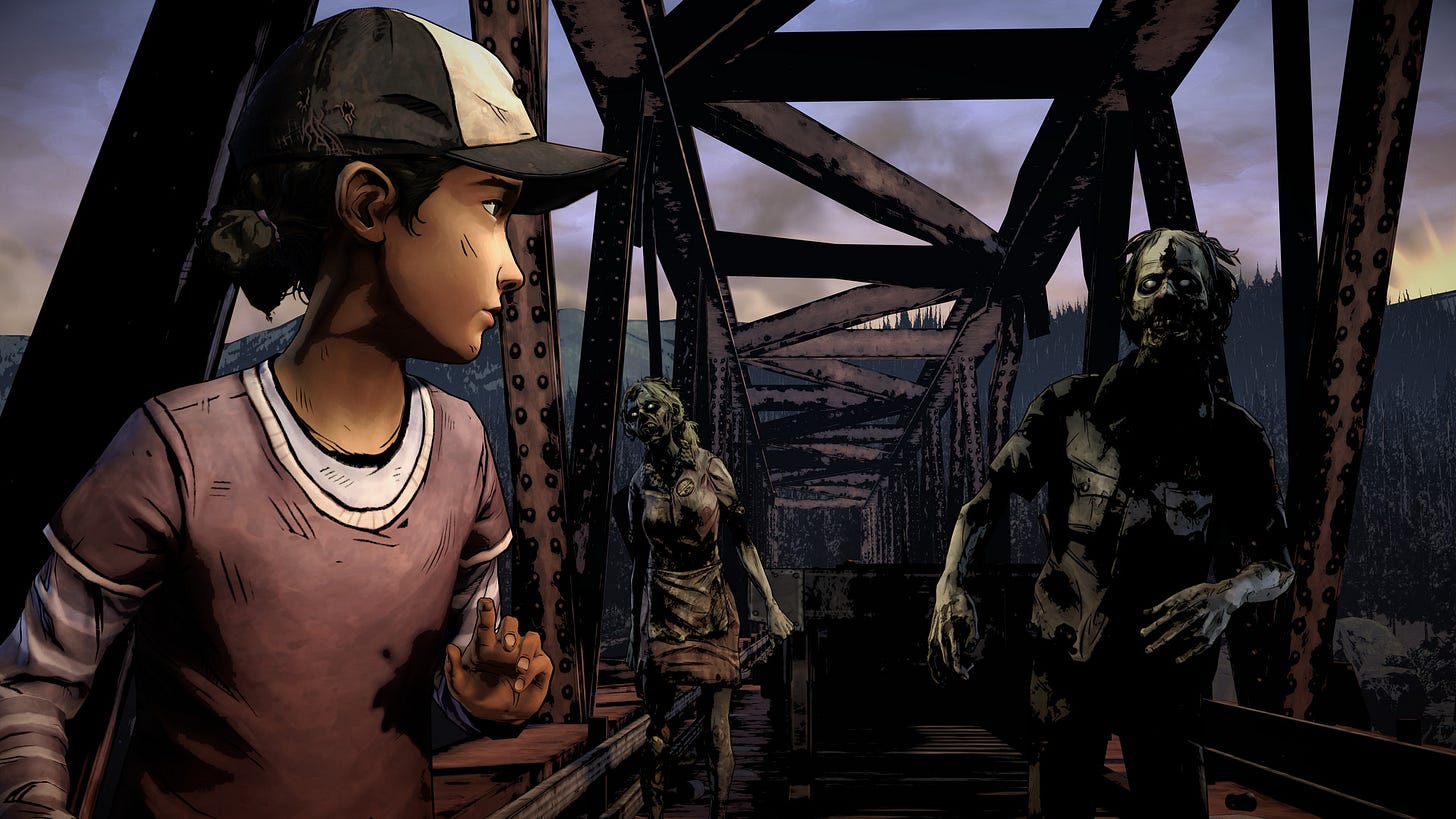 Clementine looks back on a bridge, there are zombies after her.