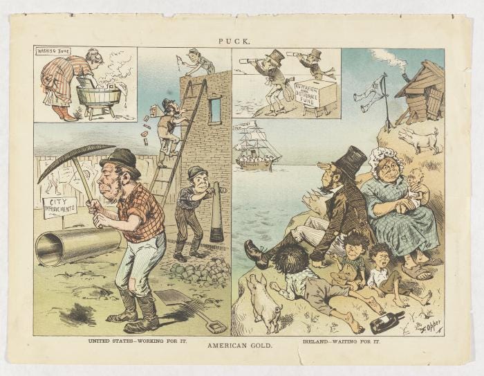 Cartoon "American Gold," showing Irish American laborers in the left panel and a lazy Irish family among pigs and whiskey bottles in the right panel Cartoon "American Gold," showing Irish American laborers in the left panel and a lazy Irish family among pigs and whiskey bottles in the right panel