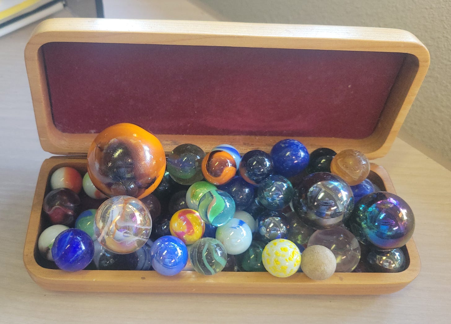 colorful marbles in a case