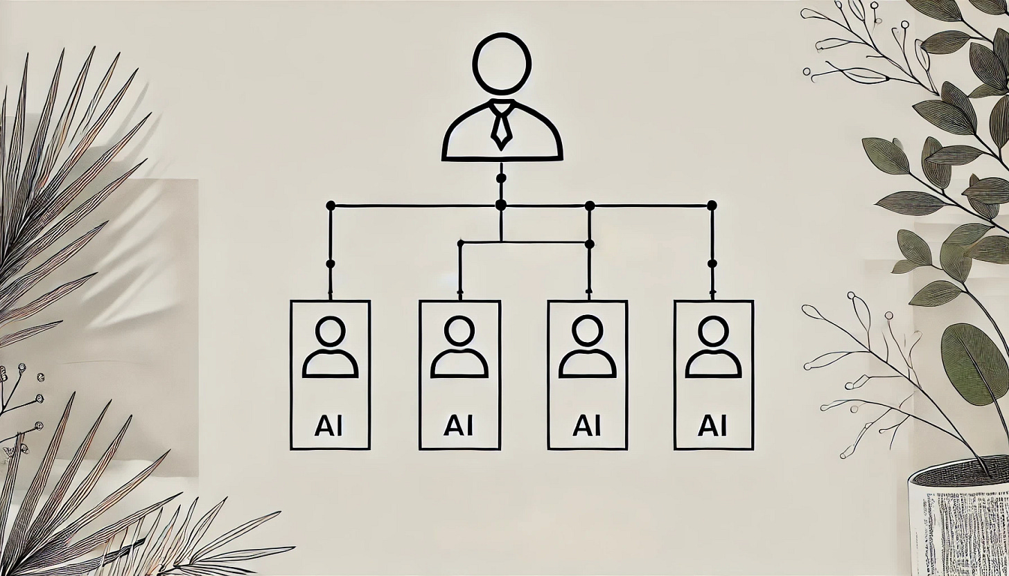 A clean, minimal landscape illustration of a traditional organizational chart in black line drawing style. The background is plain white with thin, simple lines. The style is modern and corporate, avoiding any playful or cartoon-like elements. No human figure or any other elements remain, only the background.