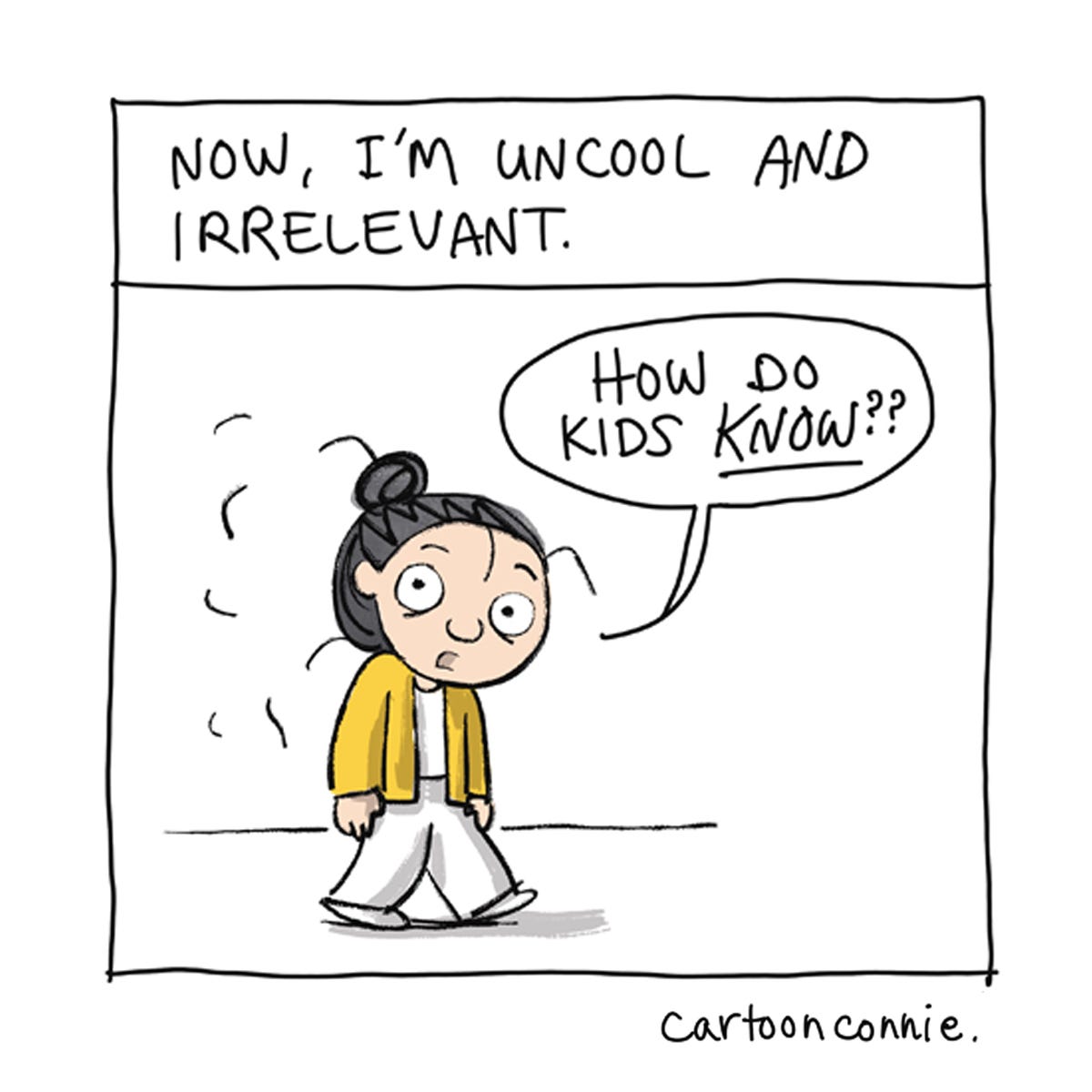 Panel 8/8 of an 8-panel color diary comic illustrating the perceptive, brutal honesty of young children in a series of humbling exchanges with the artist. Titled "Friends With Kids," 2026, by Connie Sun