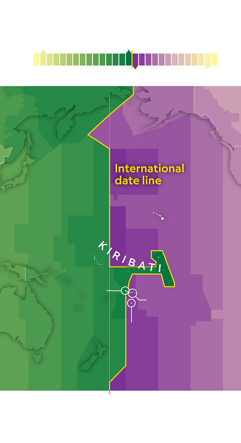 The time to ring in the new year is wildly different from country to country, even if they're feet from each other! From L to R: Kiribati is first in the world, Antarctica is all over the map, and western China is 3 hours ahead of its neighbors.