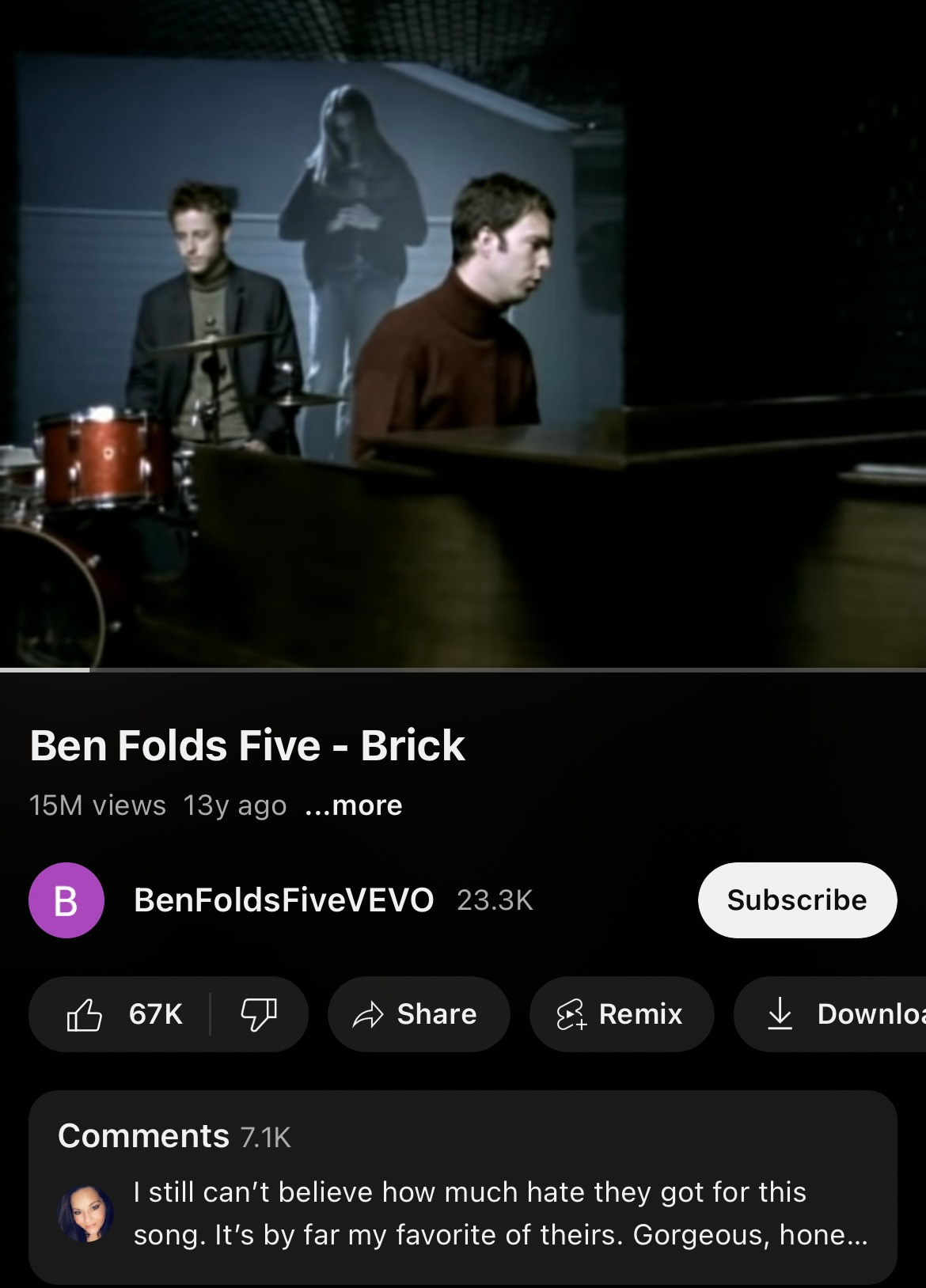 Screenshot of "Brick" video from YouTube where the top comment says "I still can't believe how much hate they got for this song. It's by far my favorite of theirs."