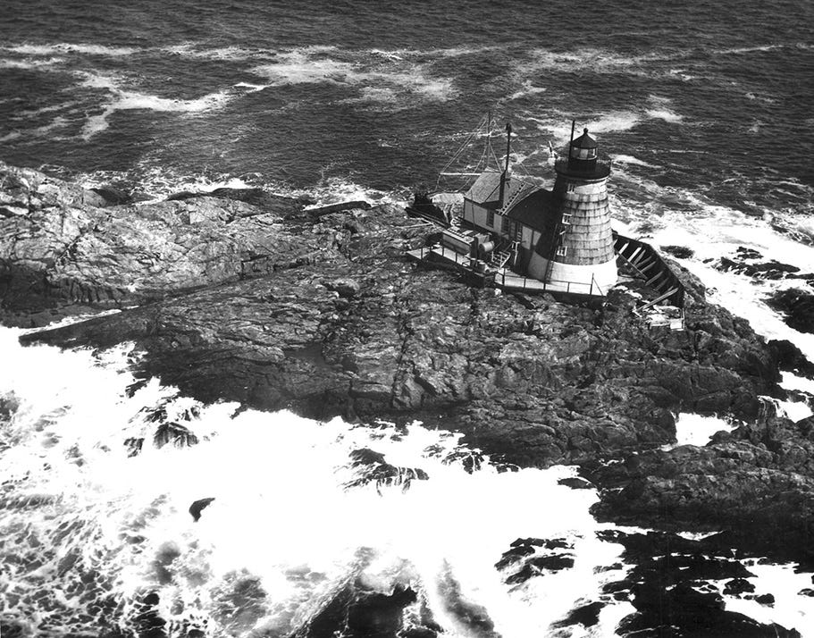 A 1951 view of wave-swept Saddleback Ledge Lighthouse in Penobscot Bay. A 1951 view of wave-swept Saddleback Ledge Lighthouse in Penobscot Bay.